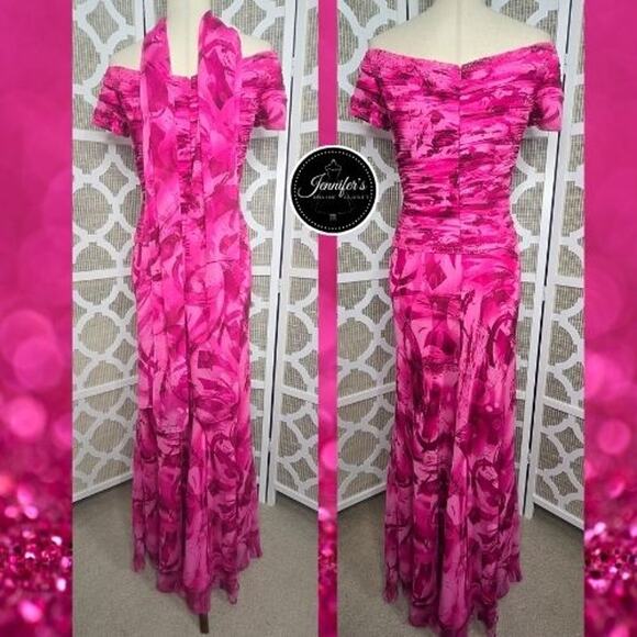 Capri by Mon Cheri Hot Pink Ruched Beaded Bodice A-Line Flared Long Dress 10/12 - Picture 7 of 14